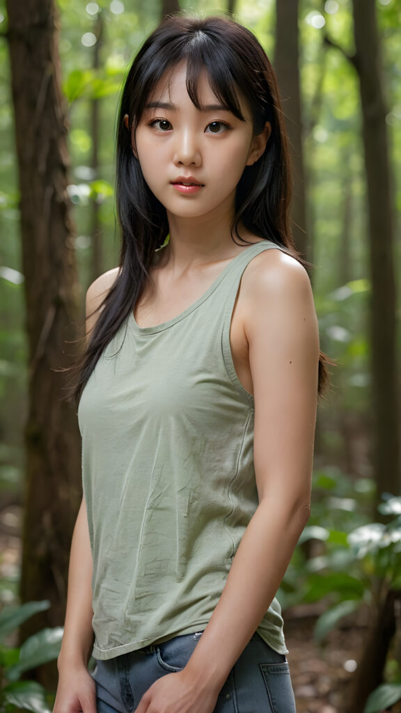 a (((vividly captured moment))) where a (((Korean cute young adult girl))), with straight jet-black hair bangs stands confidently, upper body portrait, exuding natural beauty. Her skin is flawless, with a slight translucency that adds to her overall appearance. She's dressed in a ((white sleeveless tattered and ripped green t-shirt)) that perfectly complements her youthful appearance. The shirt, which is cut short, accentuates her toned figure, highlighting her full body in a softly detailed pose. Her eyes are perfectly detailed and add to her overall allure. The scene is set against a backdrop of a (natural, nighttime forest) that completes this truly unforgettable moment.