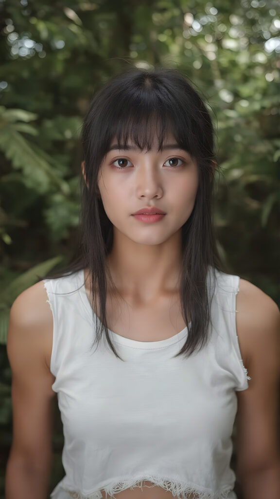 a (((vividly captured moment))) where a (((Korean cute young adult girl))), with straight jet-black hair bangs stands confidently, upper body portrait, exuding natural beauty. Her skin is flawless, with a slight translucency that adds to her overall appearance. She's dressed in a ((white sleeveless tattered and ripped green t-shirt)) that perfectly complements her youthful appearance. The shirt, which is cut short, accentuates her toned figure, highlighting her full body in a softly detailed pose. Her eyes are perfectly detailed and add to her overall allure. The scene is set against a backdrop of a (natural, nighttime forest) that completes this truly unforgettable moment.