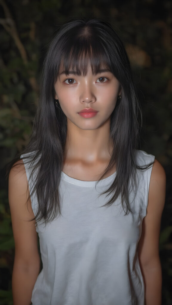 a (((vividly captured moment))) where a (((Korean cute young adult girl))), with straight jet-black hair bangs stands confidently, upper body portrait, exuding natural beauty. Her skin is flawless, with a slight translucency that adds to her overall appearance. She's dressed in a ((white sleeveless tattered and ripped green t-shirt)) that perfectly complements her youthful appearance. The shirt, which is cut short, accentuates her toned figure, highlighting her full body in a softly detailed pose. Her eyes are perfectly detailed and add to her overall allure. The scene is set against a backdrop of a (natural, nighttime forest) that completes this truly unforgettable moment.
