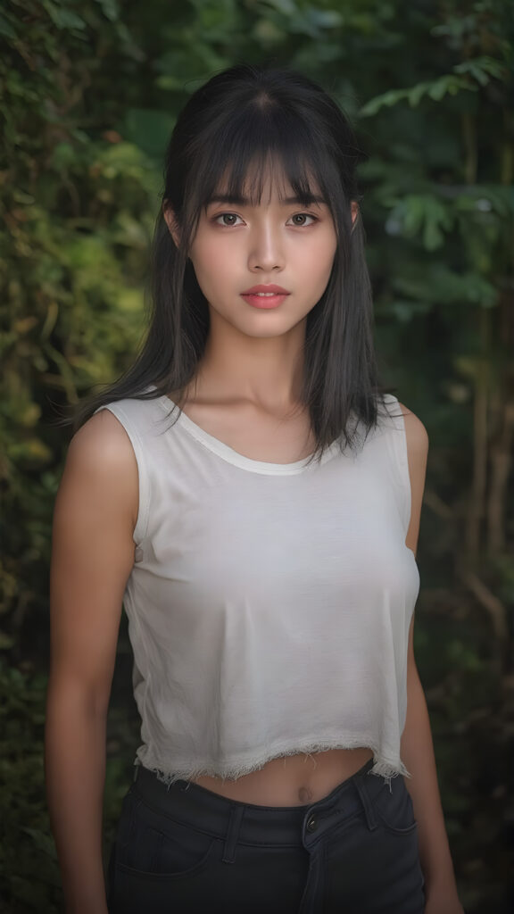 a (((vividly captured moment))) where a (((Korean cute young adult girl))), with straight jet-black hair bangs stands confidently, upper body portrait, exuding natural beauty. Her skin is flawless, with a slight translucency that adds to her overall appearance. She's dressed in a ((white sleeveless tattered and ripped green t-shirt)) that perfectly complements her youthful appearance. The shirt, which is cut short, accentuates her toned figure, highlighting her full body in a softly detailed pose. Her eyes are perfectly detailed and add to her overall allure. The scene is set against a backdrop of a (natural, nighttime forest) that completes this truly unforgettable moment.