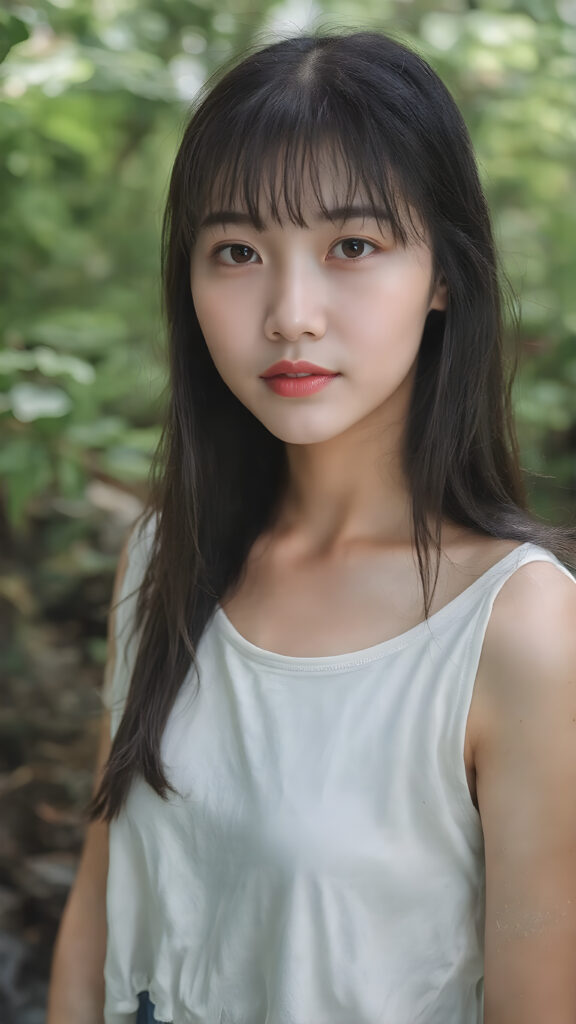 a (((vividly captured moment))) where a (((Korean cute young adult girl))), with straight jet-black hair bangs stands confidently, upper body portrait, exuding natural beauty. Her skin is flawless, with a slight translucency that adds to her overall appearance. She's dressed in a ((white sleeveless tattered and ripped green t-shirt)) that perfectly complements her youthful appearance. The shirt, which is cut short, accentuates her toned figure, highlighting her full body in a softly detailed pose. Her eyes are perfectly detailed and add to her overall allure. The scene is set against a backdrop of a (natural, nighttime forest) that completes this truly unforgettable moment.