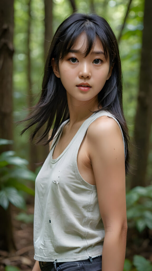 a (((vividly captured moment))) where a (((Korean cute young adult girl))), with straight jet-black hair bangs stands confidently, upper body portrait, exuding natural beauty. Her skin is flawless, with a slight translucency that adds to her overall appearance. She's dressed in a ((white sleeveless tattered and ripped green t-shirt)) that perfectly complements her youthful appearance. The shirt, which is cut short, accentuates her toned figure, highlighting her full body in a softly detailed pose. Her eyes are perfectly detailed and add to her overall allure. The scene is set against a backdrop of a (natural, nighttime forest) that completes this truly unforgettable moment.