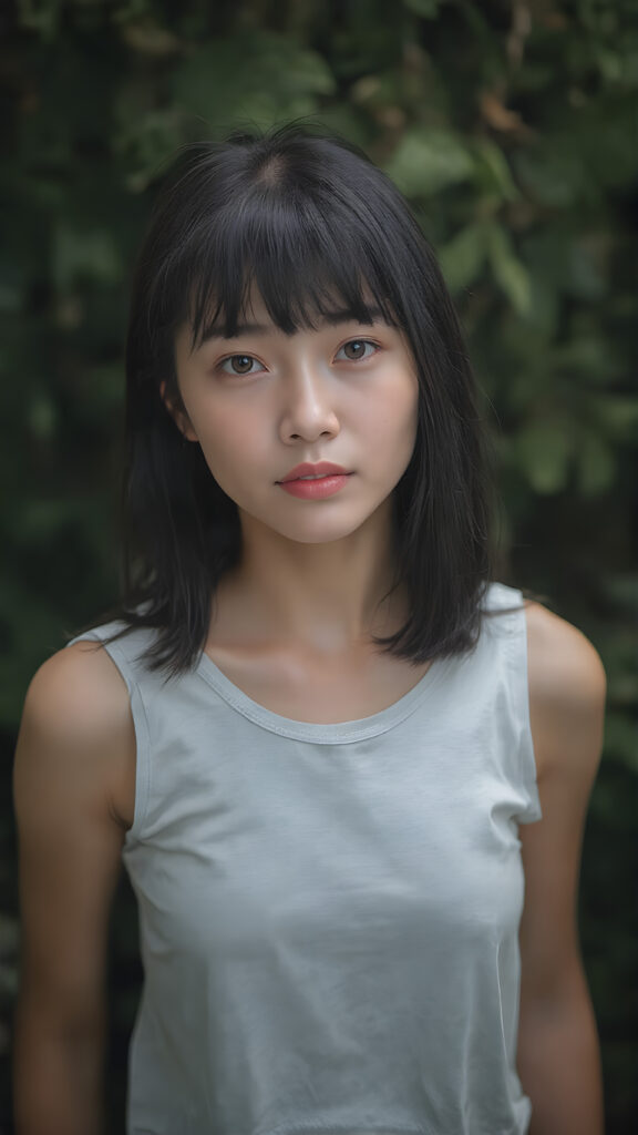 a (((vividly captured moment))) where a (((Korean cute young adult girl))), with straight jet-black hair bangs stands confidently, upper body portrait, exuding natural beauty. Her skin is flawless, with a slight translucency that adds to her overall appearance. She's dressed in a ((white sleeveless tattered and ripped green t-shirt)) that perfectly complements her youthful appearance. The shirt, which is cut short, accentuates her toned figure, highlighting her full body in a softly detailed pose. Her eyes are perfectly detailed and add to her overall allure. The scene is set against a backdrop of a (natural, nighttime forest) that completes this truly unforgettable moment.
