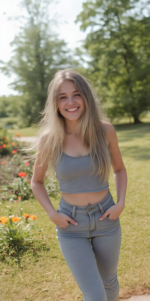 a vividly captured moment featuring a carefree and joyful (((adult teen girl))) with long, straight blond hair, exuding an air of freedom and playfulness, as she stands confidently, framed by a backdrop of a sunny park dotted with verdant foliage and (colorful flowers) blooming across the landscape. Her joyful expression reflects in the bright summer light, creating a warm and inviting atmosphere, (grey cropped tank top, hot denim jeans pants, pink shoes)