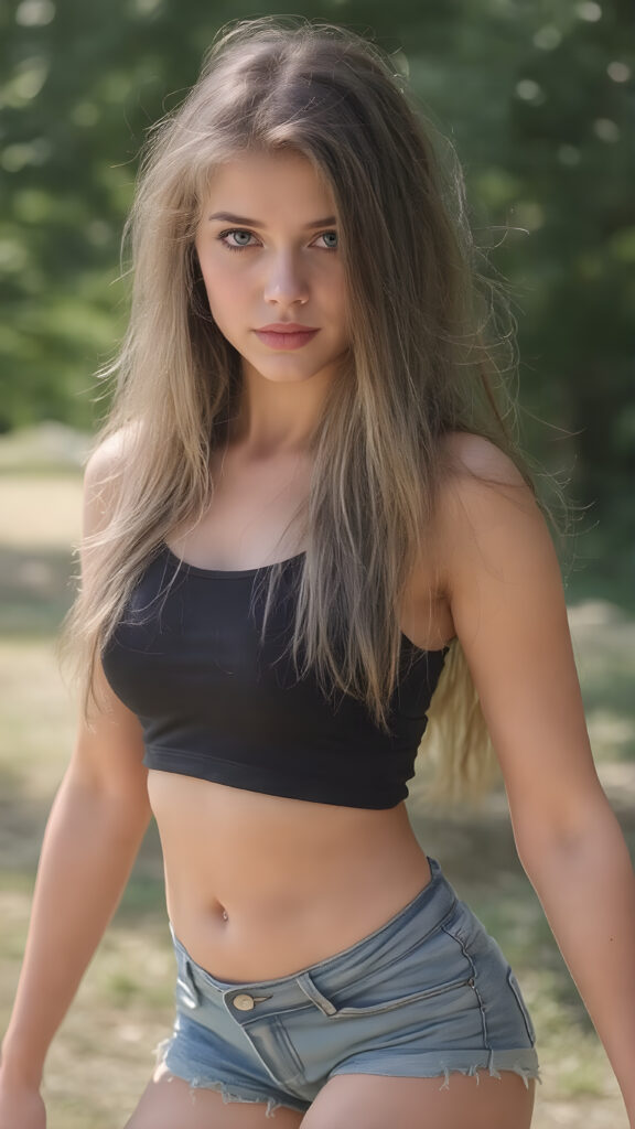 a vividly captured moment where a (((beautiful young girl))) with luxurious, (((straight soft hair))), with (natural-looking, toned legs) and (a sleek, sexy full body pose), facing the viewer. Her (((seductive eyes))), with perfectly matching wearing a very short and tight black tank top and denim shorts, she exudes a confident and alluring stance, as if striding confidently into the camera's eye view of her full body and legs, sunny green backdrop in an park