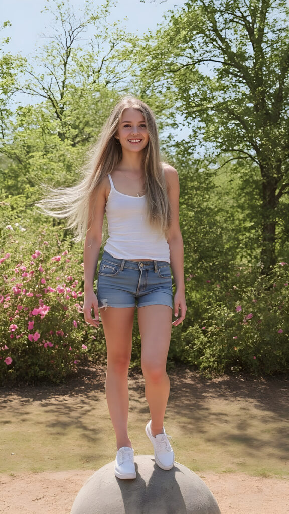 a vividly captured moment featuring a carefree and joyful (((adult teen girl))) with long, straight blond hair, exuding an air of freedom and playfulness, as she stands confidently on a (((stone ball))), framed by a backdrop of a sunny park dotted with verdant foliage and (colorful flowers) blooming across the landscape. Her joyful expression reflects in the bright summer light, creating a warm and inviting atmosphere, white tank top, short denim jeans and white shoes