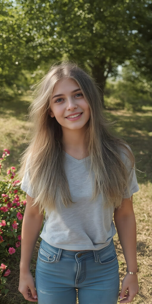 a vividly captured moment featuring a carefree and joyful (((adult teen girl))) with long, straight blond hair, exuding an air of freedom and playfulness, as she stands confidently, framed by a backdrop of a sunny park dotted with verdant foliage and (colorful flowers) blooming across the landscape. Her joyful expression reflects in the bright summer light, creating a warm and inviting atmosphere