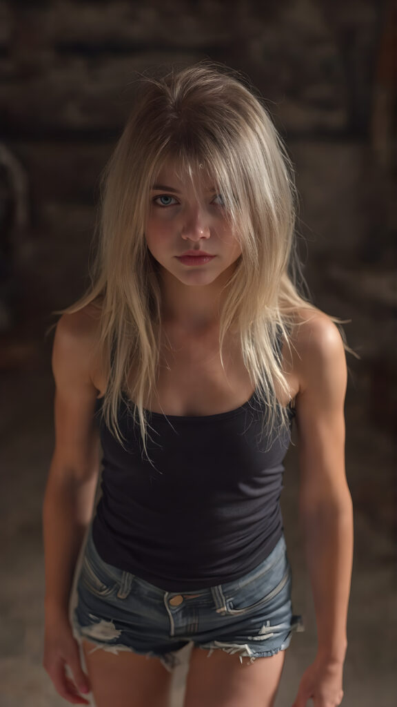 a vividly captured moment where a (((beautiful young girl))) with luxurious, (((straight blond hair))), with (natural-looking, toned legs) and (a sleek, sexy and provocative full body pose) stands confidently in a dimly lit room, facing the viewer. Her (((seductive eyes))), with perfectly matching wearing a very short and tight black tank top and tattered denim shorts, she exudes a confident and alluring stance, as if striding confidently into the camera's eye view of her full body and legs. The warm lighting adds to the sexy and provocative mood of the image