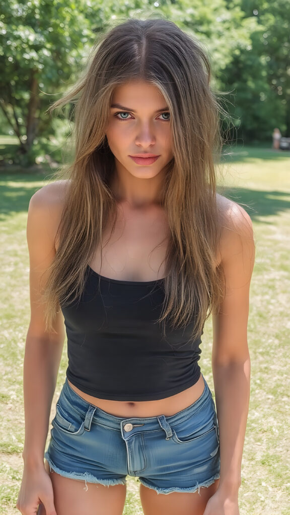 a vividly captured moment where a (((beautiful young girl))) with luxurious, (((straight soft hair))), with (natural-looking, toned legs) and (a sleek, sexy full body pose), facing the viewer. Her (((seductive eyes))), with perfectly matching wearing a very short and tight black tank top and denim shorts, she exudes a confident and alluring stance, as if striding confidently into the camera's eye view of her full body and legs, sunny green backdrop in an park
