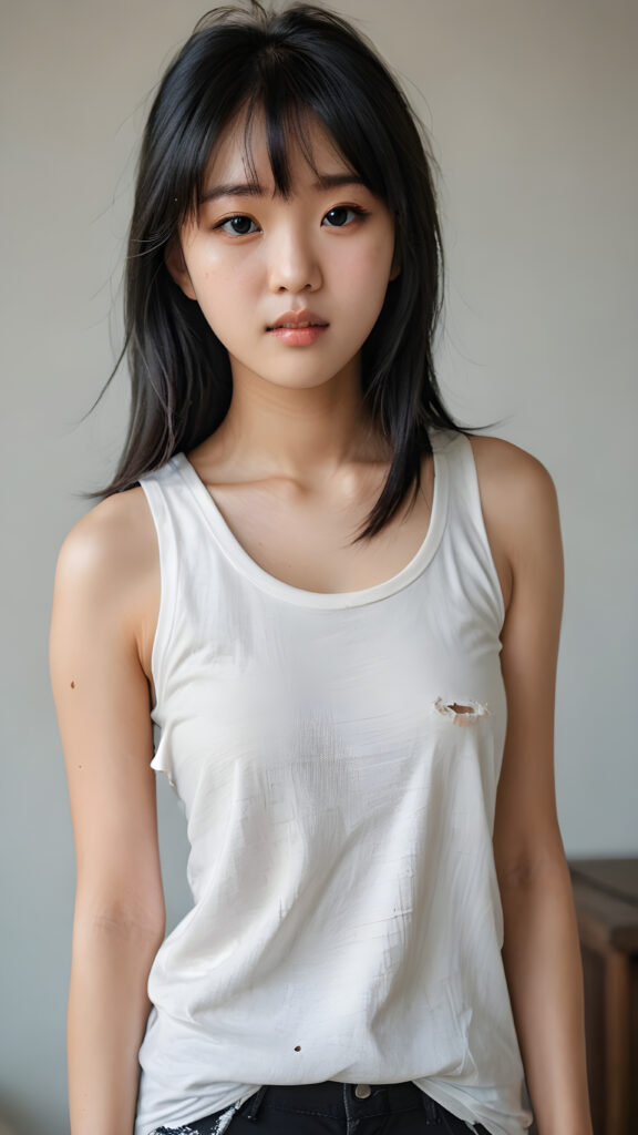 a vividly captured moment where a (((Korean cute young girl))) with straight jet-black hair bangs stands confidently upper body portrait, dressed in a ((white sleeveless tattered and ripped t-shirt)) that accentuates her toned, slightly imperfect complexion. Her striking features and perfectly proportioned figure convey an air of natural beauty
