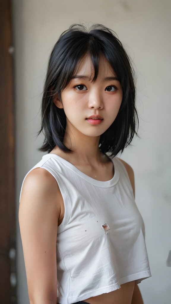 a vividly captured moment where a (((Korean cute young girl))) with straight jet-black hair bangs stands confidently upper body portrait, dressed in a ((white sleeveless tattered and ripped t-shirt)) that accentuates her toned, slightly imperfect complexion. Her striking features and perfectly proportioned figure convey an air of natural beauty