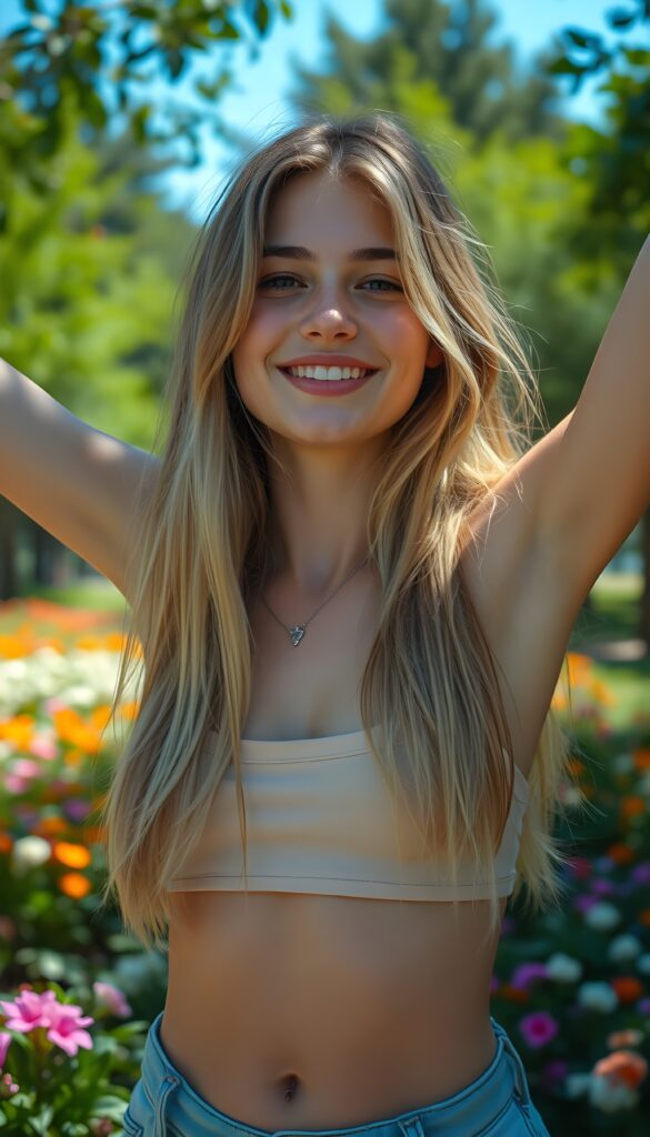 a vividly captured moment featuring a carefree and joyful (((adult teen girl))) with long, straight blond hair and brown highlights, exuding an air of freedom and playfulness, as she stands confidently, framed by a backdrop of a sunny park dotted with verdant foliage and (colorful flowers) blooming across the landscape. Her joyful expression reflects in the bright summer light, creating a warm and inviting atmosphere. She put her arms in the air. She wears a thin, cropped tank top. Show her cute belly button.