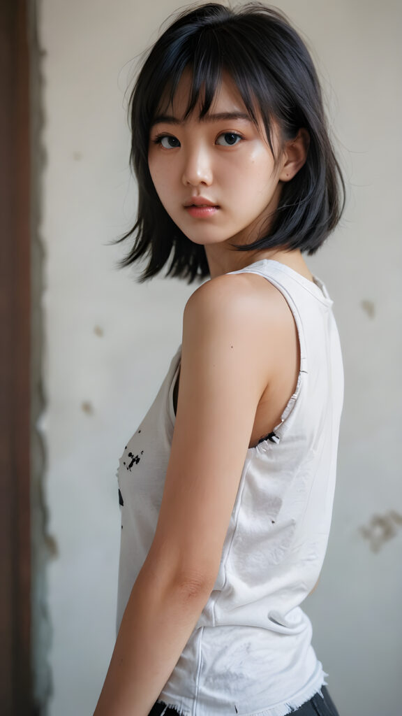 a vividly captured moment where a (((Korean cute young girl))) with straight jet-black hair bangs stands confidently upper body portrait, dressed in a ((white sleeveless tattered and ripped t-shirt)) that accentuates her toned, slightly imperfect complexion. Her striking features and perfectly proportioned figure convey an air of natural beauty