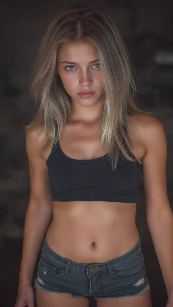a vividly captured moment where a (((beautiful young girl))) with luxurious, (((straight blond hair))), with (natural-looking, toned legs) and (a sleek, sexy and provocative full body pose) stands confidently in a dimly lit room, facing the viewer. Her (((seductive eyes))), with perfectly matching wearing a very short and tight black tank top and tattered denim shorts, she exudes a confident and alluring stance, as if striding confidently into the camera's eye view of her full body and legs. The warm lighting adds to the sexy and provocative mood of the image
