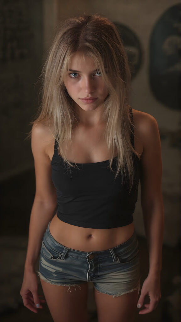 a vividly captured moment where a (((beautiful young girl))) with luxurious, (((straight blond hair))), with (natural-looking, toned legs) and (a sleek, sexy and provocative full body pose) stands confidently in a dimly lit room, facing the viewer. Her (((seductive eyes))), with perfectly matching wearing a very short and tight black tank top and tattered denim shorts, she exudes a confident and alluring stance, as if striding confidently into the camera's eye view of her full body and legs. The warm lighting adds to the sexy and provocative mood of the image, sunny green backdrop
