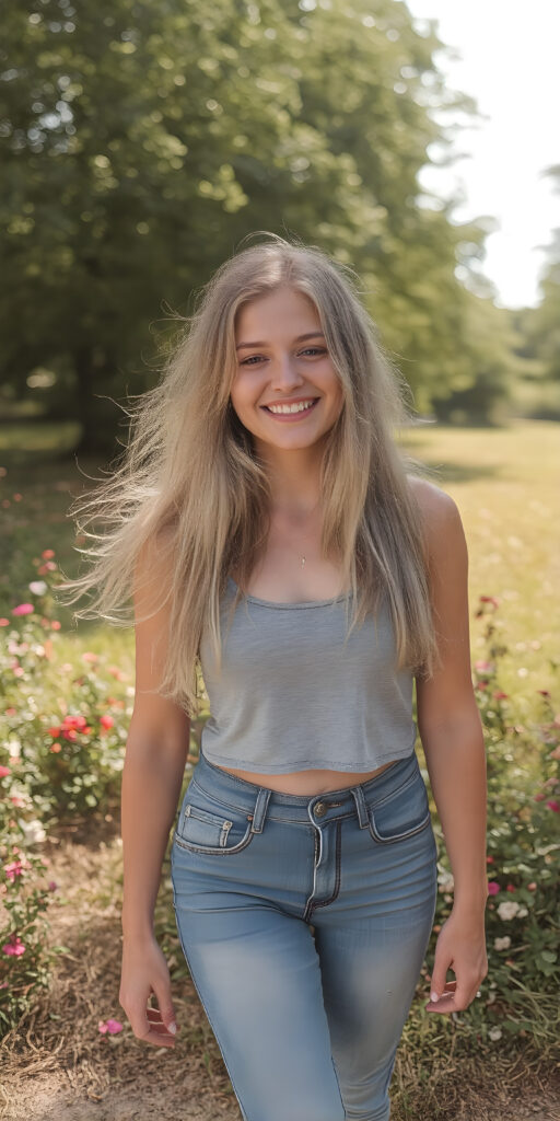 a vividly captured moment featuring a carefree and joyful (((adult teen girl))) with long, straight blond hair, exuding an air of freedom and playfulness, as she stands confidently, framed by a backdrop of a sunny park dotted with verdant foliage and (colorful flowers) blooming across the landscape. Her joyful expression reflects in the bright summer light, creating a warm and inviting atmosphere, (grey cropped tank top, hot denim jeans pants, pink shoes)