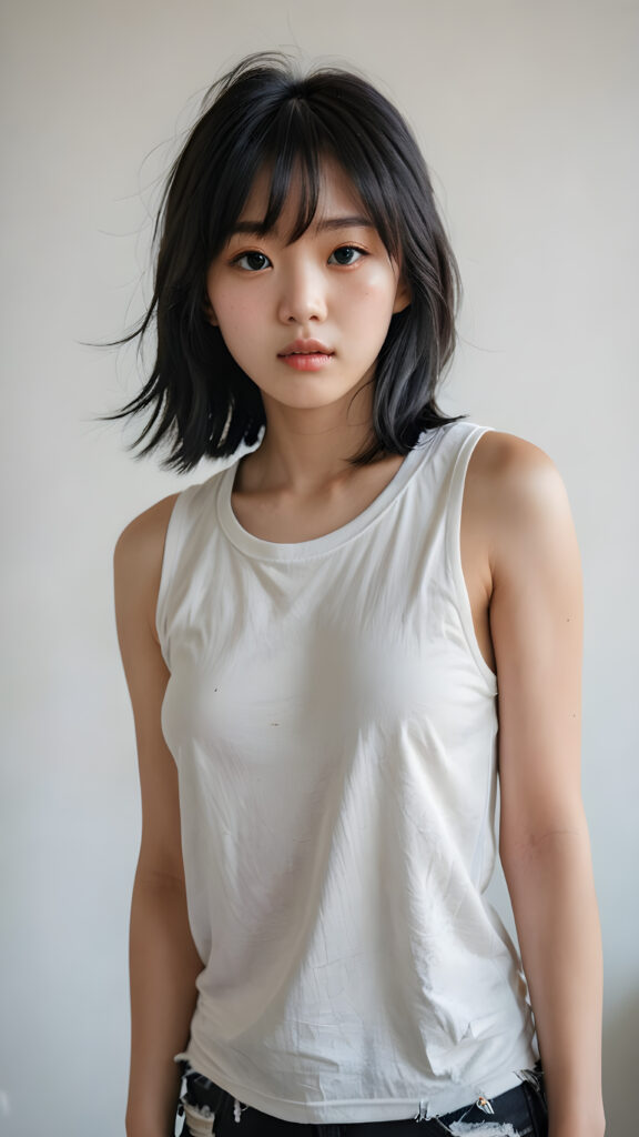a vividly captured moment where a (((Korean cute young girl))) with straight jet-black hair bangs stands confidently upper body portrait, dressed in a ((white sleeveless tattered and ripped t-shirt)) that accentuates her toned, slightly imperfect complexion. Her striking features and perfectly proportioned figure convey an air of natural beauty