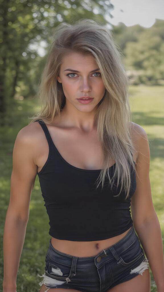 a vividly captured moment where a (((beautiful young girl))) with luxurious, (((straight blond hair))), with (natural-looking, toned legs) and (a sleek, sexy and provocative full body pose), facing the viewer. Her (((seductive eyes))), with perfectly matching wearing a very short and tight black tank top and tattered denim shorts, she exudes a confident and alluring stance, as if striding confidently into the camera's eye view of her full body and legs, sunny green backdrop in an park