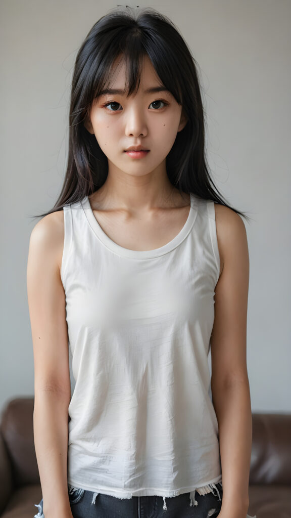a vividly captured moment where a (((Korean cute young girl))) with straight jet-black hair bangs stands confidently upper body portrait, dressed in a ((white sleeveless tattered and ripped t-shirt)) that accentuates her toned, slightly imperfect complexion. Her striking features and perfectly proportioned figure convey an air of natural beauty