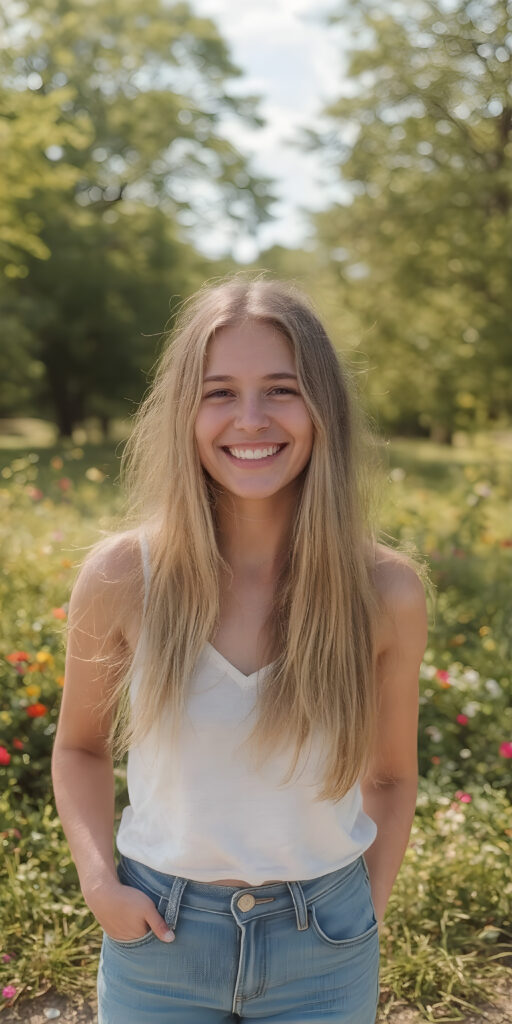 a vividly captured moment featuring a carefree and joyful (((adult teen girl))) with long, straight blond hair, exuding an air of freedom and playfulness, as she stands confidently, framed by a backdrop of a sunny park dotted with verdant foliage and (colorful flowers) blooming across the landscape. Her joyful expression reflects in the bright summer light, creating a warm and inviting atmosphere