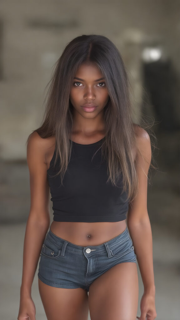 a vividly captured moment where a (((beautiful young natural girl))) with luxurious, (((straight soft hair))), with (natural-looking, toned legs) and (a sleek, sexy full body pose), facing the viewer. Her (((seductive eyes))), with perfectly matching wearing a very short and tight black tank top and denim shorts, she exudes a confident and alluring stance, as if striding confidently into the camera's eye view of her full body and legs
