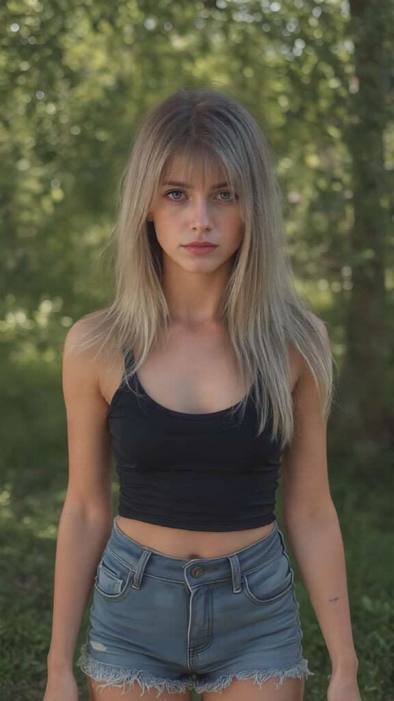 a vividly captured moment where a (((beautiful young girl))) with luxurious, (((straight blond hair))), with (natural-looking, toned legs) and (a sleek, sexy and provocative full body pose), facing the viewer. Her (((seductive eyes))), with perfectly matching wearing a very short and tight black tank top and tattered denim shorts, she exudes a confident and alluring stance, as if striding confidently into the camera's eye view of her full body and legs, sunny green backdrop in an park