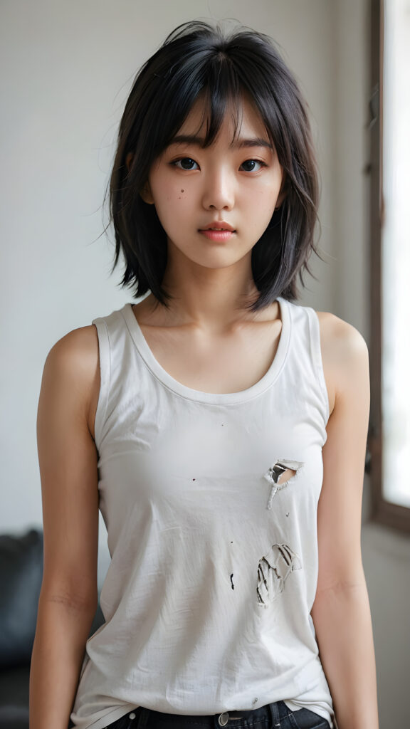 a vividly captured moment where a (((Korean cute young girl))) with straight jet-black hair bangs stands confidently upper body portrait, dressed in a ((white sleeveless tattered and ripped t-shirt)) that accentuates her toned, slightly imperfect complexion. Her striking features and perfectly proportioned figure convey an air of natural beauty