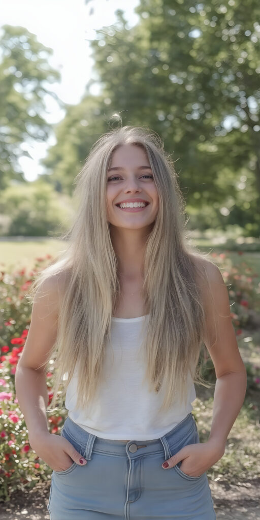 a vividly captured moment featuring a carefree and joyful (((adult teen girl))) with long, straight blond hair, exuding an air of freedom and playfulness, as she stands confidently, framed by a backdrop of a sunny park dotted with verdant foliage and (colorful flowers) blooming across the landscape. Her joyful expression reflects in the bright summer light, creating a warm and inviting atmosphere