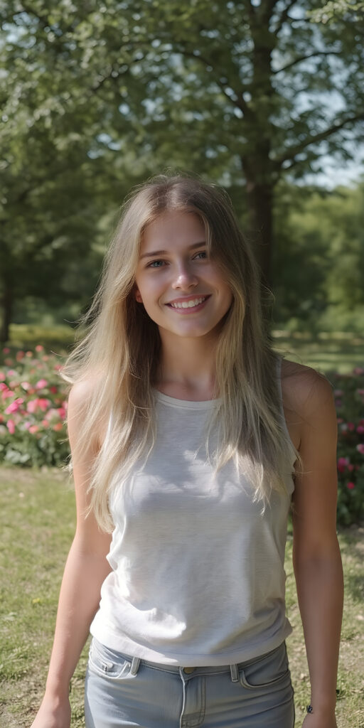 a vividly captured moment featuring a carefree and joyful (((adult teen girl))) with long, straight blond hair, exuding an air of freedom and playfulness, as she stands confidently, framed by a backdrop of a sunny park dotted with verdant foliage and (colorful flowers) blooming across the landscape. Her joyful expression reflects in the bright summer light, creating a warm and inviting atmosphere