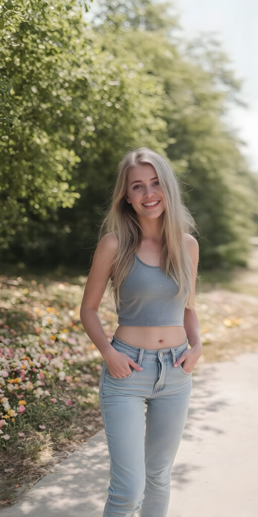 a vividly captured moment featuring a carefree and joyful (((adult teen girl))) with long, straight blond hair, exuding an air of freedom and playfulness, as she stands confidently, framed by a backdrop of a sunny park dotted with verdant foliage and (colorful flowers) blooming across the landscape. Her joyful expression reflects in the bright summer light, creating a warm and inviting atmosphere, (grey cropped tank top, hot denim jeans pants, pink shoes)