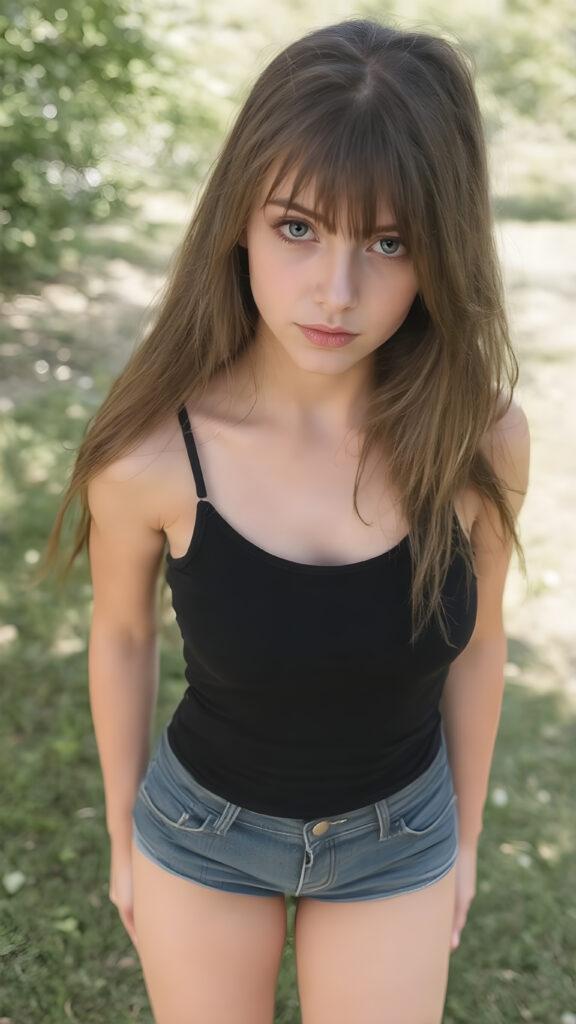 a vividly captured moment where a (((beautiful young girl))) with luxurious, (((straight soft hair))), with (natural-looking, toned legs) and (a sleek, sexy full body pose), facing the viewer. Her (((seductive eyes))), with perfectly matching wearing a very short and tight black tank top and denim shorts, she exudes a confident and alluring stance, as if striding confidently into the camera's eye view of her full body and legs, sunny green backdrop in an park
