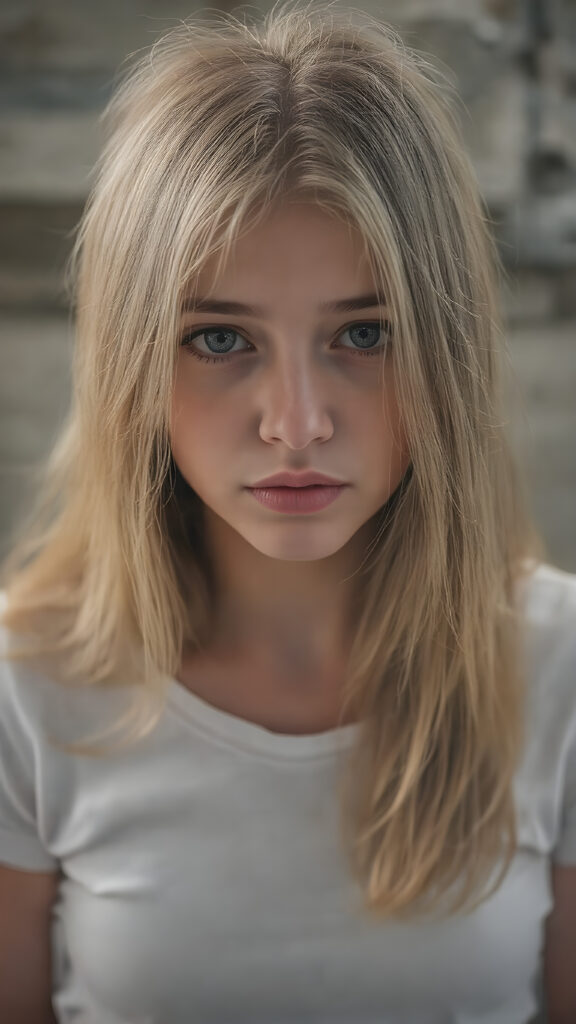 a (((vividly detailed full-body photo))), capturing a (((beautiful, sad and frightened adult girl))) with delicate, (((smooth and straight golden hair (((with a soft warm glow))) that flows elegantly down to her waist and creates a perfect symmetry across her back. Her (((softly curved face))) exudes an air of mystery and tranquility, adorned with (((black artfully drawn thin brows))), that frame her face beautifully. Her (((natural eye color))) adds a touch of realism to the overall image. (((Perfect hand and fingers))). Perfectly aligned lips create a harmonious smile. The (((natural texture of her skin))) adds a touch of realism to the overall image. She wears a (((super short tight (white) cotton t-shirt))) and (((cute (tiny denim shorts))) that enhance her perfect symmetry and convey a sense of warmth and comfort. The (((natural texture of her skin))) adds a touch of realism to the overall image, creating a perfect harmony between the subject's image and the surroundings.