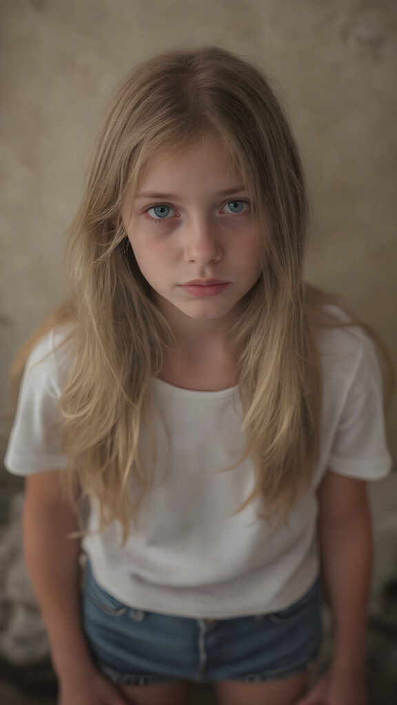 a (((vividly detailed full-body photo))), capturing a (((beautiful, sad and frightened adult girl))) with delicate, (((smooth and straight golden hair (((with a soft warm glow))) that flows elegantly down to her waist and creates a perfect symmetry across her back. Her (((softly curved face))) exudes an air of mystery and tranquility, adorned with (((black artfully drawn thin brows))), that frame her face beautifully. Her (((natural eye color))) adds a touch of realism to the overall image. (((Perfect hand and fingers))). Perfectly aligned lips create a harmonious smile. The (((natural texture of her skin))) adds a touch of realism to the overall image. She wears a (((super short tight (white) cotton t-shirt))) and (((cute (tiny denim shorts))) that enhance her perfect symmetry and convey a sense of warmth and comfort. The (((natural texture of her skin))) adds a touch of realism to the overall image, creating a perfect harmony between the subject's image and the surroundings.