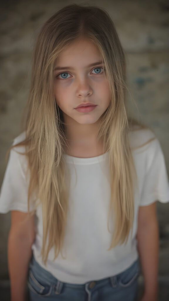 a (((vividly detailed full-body photo))), capturing a (((beautiful, sad and frightened adult girl))) with delicate, (((smooth and straight golden hair (((with a soft warm glow))) that flows elegantly down to her waist and creates a perfect symmetry across her back. Her (((softly curved face))) exudes an air of mystery and tranquility, adorned with (((black artfully drawn thin brows))), that frame her face beautifully. Her (((natural eye color))) adds a touch of realism to the overall image. (((Perfect hand and fingers))). Perfectly aligned lips create a harmonious smile. The (((natural texture of her skin))) adds a touch of realism to the overall image. She wears a (((super short tight (white) cotton t-shirt))) and (((cute (tiny denim shorts))) that enhance her perfect symmetry and convey a sense of warmth and comfort. The (((natural texture of her skin))) adds a touch of realism to the overall image, creating a perfect harmony between the subject's image and the surroundings.