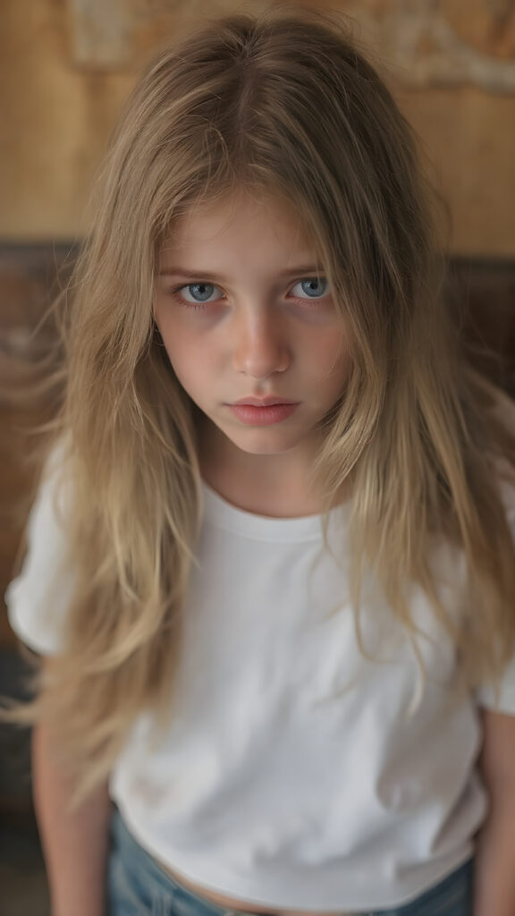 a (((vividly detailed full-body photo))), capturing a (((beautiful, sad and frightened adult girl))) with delicate, (((smooth and straight golden hair (((with a soft warm glow))) that flows elegantly down to her waist and creates a perfect symmetry across her back. Her (((softly curved face))) exudes an air of mystery and tranquility, adorned with (((black artfully drawn thin brows))), that frame her face beautifully. Her (((natural eye color))) adds a touch of realism to the overall image. (((Perfect hand and fingers))). Perfectly aligned lips create a harmonious smile. The (((natural texture of her skin))) adds a touch of realism to the overall image. She wears a (((super short tight (white) cotton t-shirt))) and (((cute (tiny denim shorts))) that enhance her perfect symmetry and convey a sense of warmth and comfort. The (((natural texture of her skin))) adds a touch of realism to the overall image, creating a perfect harmony between the subject's image and the surroundings.