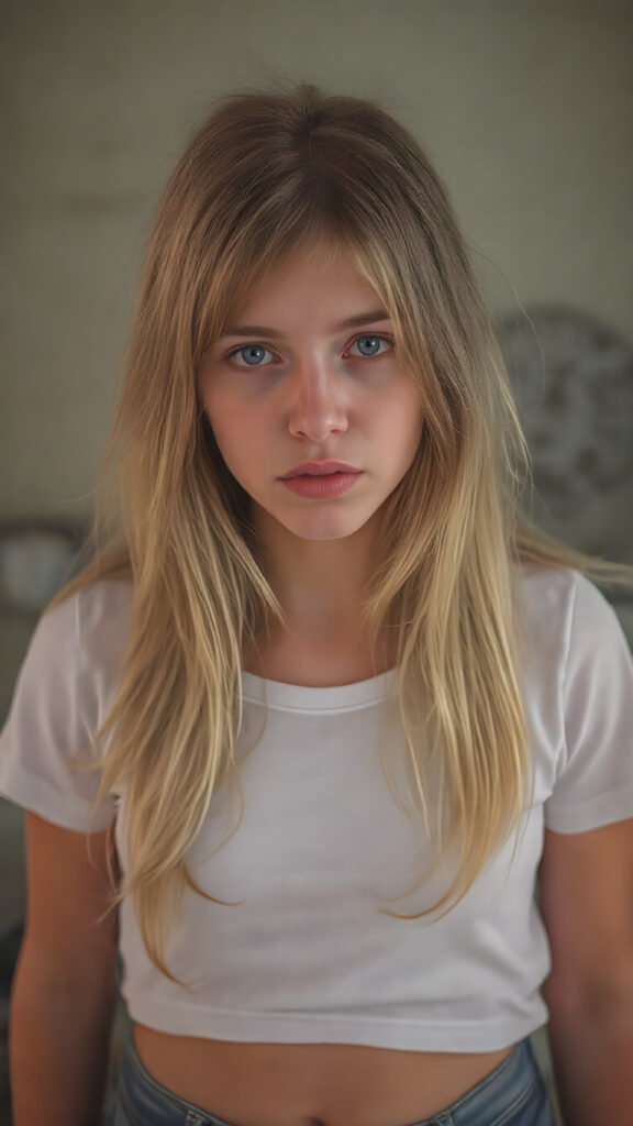 a (((vividly detailed full-body photo))), capturing a (((beautiful, sad and frightened adult girl))) with delicate, (((smooth and straight golden hair (((with a soft warm glow))) that flows elegantly down to her waist and creates a perfect symmetry across her back. Her (((softly curved face))) exudes an air of mystery and tranquility, adorned with (((black artfully drawn thin brows))), that frame her face beautifully. Her (((natural eye color))) adds a touch of realism to the overall image. (((Perfect hand and fingers))). Perfectly aligned lips create a harmonious smile. The (((natural texture of her skin))) adds a touch of realism to the overall image. She wears a (((super short tight (white) cotton t-shirt))) and (((cute (tiny denim shorts))) that enhance her perfect symmetry and convey a sense of warmth and comfort. The (((natural texture of her skin))) adds a touch of realism to the overall image, creating a perfect harmony between the subject's image and the surroundings.