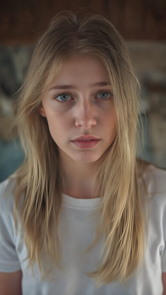 a (((vividly detailed full-body photo))), capturing a (((beautiful, sad and frightened adult girl))) with delicate, (((smooth and straight golden hair (((with a soft warm glow))) that flows elegantly down to her waist and creates a perfect symmetry across her back. Her (((softly curved face))) exudes an air of mystery and tranquility, adorned with (((black artfully drawn thin brows))), that frame her face beautifully. Her (((natural eye color))) adds a touch of realism to the overall image. (((Perfect hand and fingers))). Perfectly aligned lips create a harmonious smile. The (((natural texture of her skin))) adds a touch of realism to the overall image. She wears a (((super short tight (white) cotton t-shirt))) and (((cute (tiny denim shorts))) that enhance her perfect symmetry and convey a sense of warmth and comfort. The (((natural texture of her skin))) adds a touch of realism to the overall image, creating a perfect harmony between the subject's image and the surroundings.