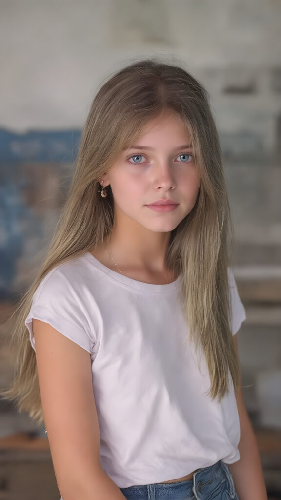 a vividly drawn (((full length body portrait))), featuring a beautiful young girl with flowing straight hair and piercing blue eyes, dressed in a sleek white t-shirt and (realistic jeans shorts), accessorized with intricate bracelets and earrings. The scene exudes a distinctly retro 90's vibe, reminiscent of classic studio photos from the era, capturing a timeless sense of nostalgia. Her face has a warm, inviting smile, perfectly capturing the essence of youthful beauty. (((straight hair))) ((blue eyes)) (((full body)))