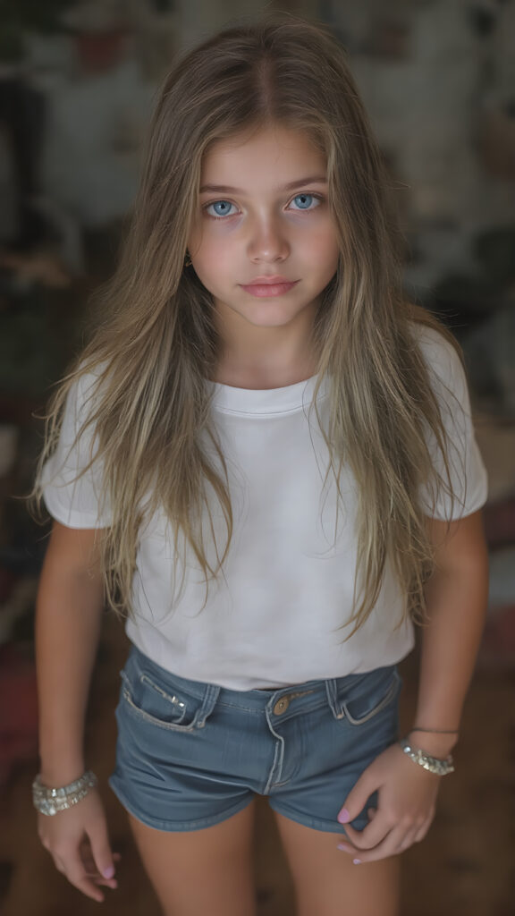 a vividly drawn (((full length body portrait))), featuring a beautiful young girl with flowing straight hair and piercing blue eyes, dressed in a sleek white t-shirt and (realistic jeans shorts), accessorized with intricate bracelets and earrings. The scene exudes a distinctly retro 90's vibe, reminiscent of classic studio photos from the era, capturing a timeless sense of nostalgia. Her face has a warm, inviting smile, perfectly capturing the essence of youthful beauty. (((straight hair))) ((blue eyes)) (((full body)))