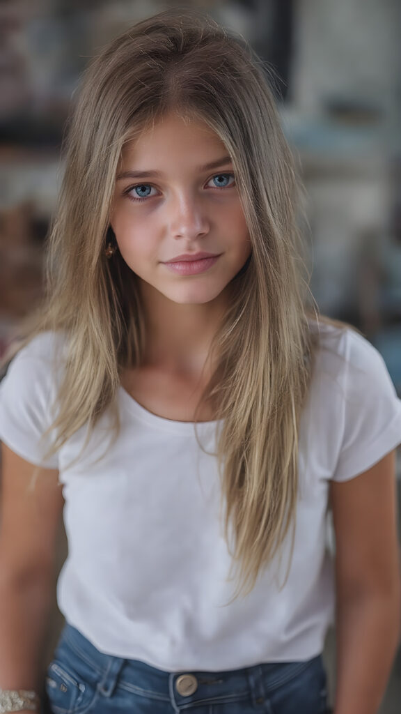 a vividly drawn (((full length body portrait))), featuring a beautiful young girl with flowing straight hair and piercing blue eyes, dressed in a sleek white t-shirt and (realistic jeans shorts), accessorized with intricate bracelets and earrings. The scene exudes a distinctly retro 90's vibe, reminiscent of classic studio photos from the era, capturing a timeless sense of nostalgia. Her face has a warm, inviting smile, perfectly capturing the essence of youthful beauty. (((straight hair))) ((blue eyes)) (((full body)))