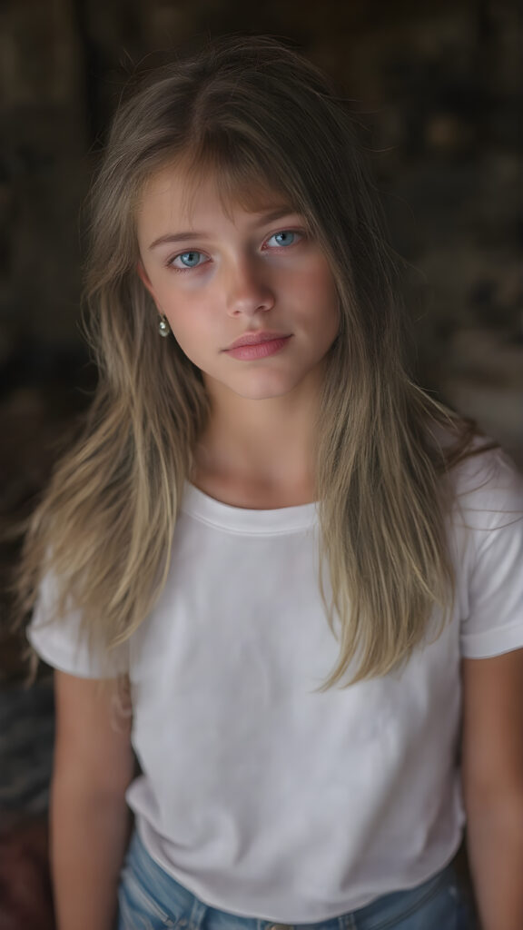 a vividly drawn (((full length body portrait))), featuring a beautiful young girl with flowing straight hair and piercing blue eyes, dressed in a sleek white t-shirt and (realistic jeans shorts), accessorized with intricate bracelets and earrings. The scene exudes a distinctly retro 90's vibe, reminiscent of classic studio photos from the era, capturing a timeless sense of nostalgia. Her face has a warm, inviting smile, perfectly capturing the essence of youthful beauty. (((straight hair))) ((blue eyes)) (((full body)))