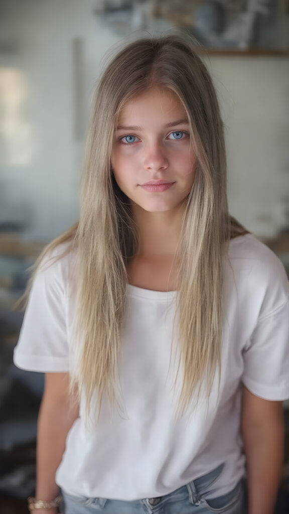 a vividly drawn (((full length body portrait))), featuring a beautiful young girl with flowing straight hair and piercing blue eyes, dressed in a sleek white t-shirt and (realistic jeans shorts), accessorized with intricate bracelets and earrings. The scene exudes a distinctly retro 90's vibe, reminiscent of classic studio photos from the era, capturing a timeless sense of nostalgia. Her face has a warm, inviting smile, perfectly capturing the essence of youthful beauty. (((straight hair))) ((blue eyes)) (((full body)))