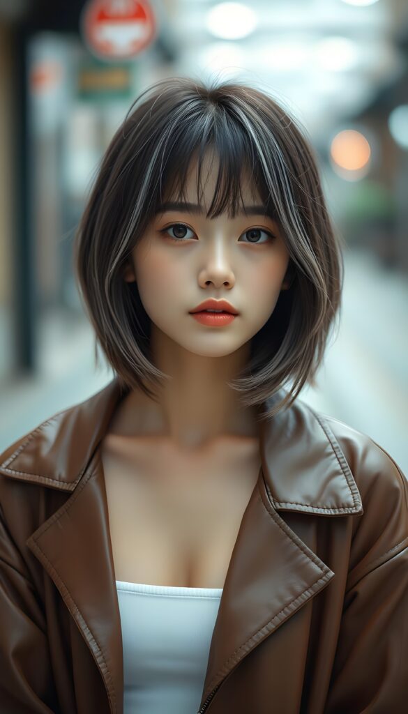 a (((vividly portrait))), capturing a young Japanese teen girl with shoulder long, (((straight bob cut hair))), brown hair with white highlights, her eyes sparkling and her skin radiant, wearing comfortable clothes, perfect curved body, embodying flawless beauty, full lips, ((angelic round face)) ((super realistic photo)) ((stunning)) ((gorgeous)) ((white background)) ((upper body)) 4k, She is wearing an open leather jacket. Underneath, she has a white tube top.