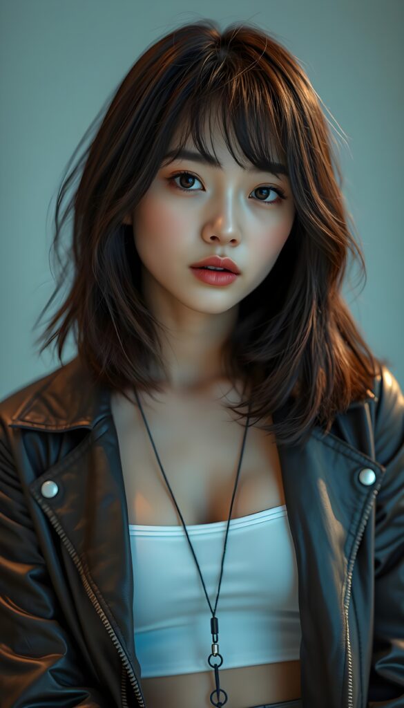 a (((vividly portrait))), capturing a young teen girl with shoulder long, flowing (((straight bob cut hair))), her eyes sparkling and her skin radiant, wearing comfortable clothes, perfect curved body, embodying flawless beauty, full lips, ((angelic round face)) ((super realistic photo)) ((stunning)) ((gorgeous)) ((white background)) ((upper body)) 4k, She is wearing an open leather jacket. Underneath, she has a white tube top.
