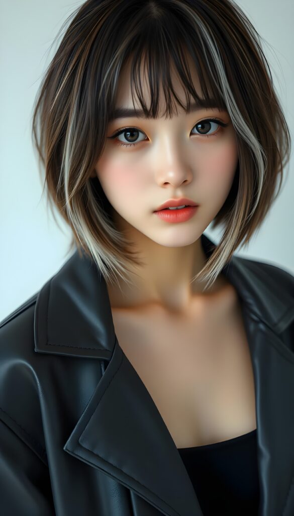 a (((vividly portrait))), capturing a young Japanese teen girl with shoulder long, (((straight bob cut hair))), brown hair with white highlights, her eyes sparkling and her skin radiant, wearing comfortable clothes, perfect curved body, embodying flawless beauty, full lips, ((angelic round face)) ((super realistic photo)) ((stunning)) ((gorgeous)) ((white background)) ((upper body)) 4k, She is wearing an open leather jacket. Underneath, she has a white tube top.