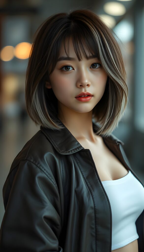 a (((vividly portrait))), capturing a young Japanese teen girl with shoulder long, (((straight bob cut hair))), brown hair with white highlights, her eyes sparkling and her skin radiant, wearing comfortable clothes, perfect curved body, embodying flawless beauty, full lips, ((angelic round face)) ((super realistic photo)) ((stunning)) ((gorgeous)) ((white background)) ((upper body)) 4k, She is wearing an open leather jacket. Underneath, she has a white tube top.