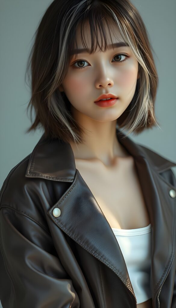 a (((vividly portrait))), capturing a young Japanese teen girl with shoulder long, (((straight bob cut hair))), brown hair with white highlights, her eyes sparkling and her skin radiant, wearing comfortable clothes, perfect curved body, embodying flawless beauty, full lips, ((angelic round face)) ((super realistic photo)) ((stunning)) ((gorgeous)) ((white background)) ((upper body)) 4k, She is wearing an open leather jacket. Underneath, she has a white tube top.