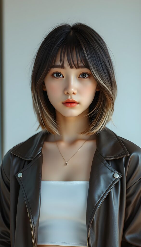 a (((vividly portrait))), capturing a young Japanese teen girl with shoulder long, (((straight bob cut hair))), brown hair with white highlights, her eyes sparkling and her skin radiant, wearing comfortable clothes, perfect curved body, embodying flawless beauty, full lips, ((angelic round face)) ((super realistic photo)) ((stunning)) ((gorgeous)) ((white background)) ((upper body)) 4k, She is wearing an open leather jacket. Underneath, she has a white tube top.