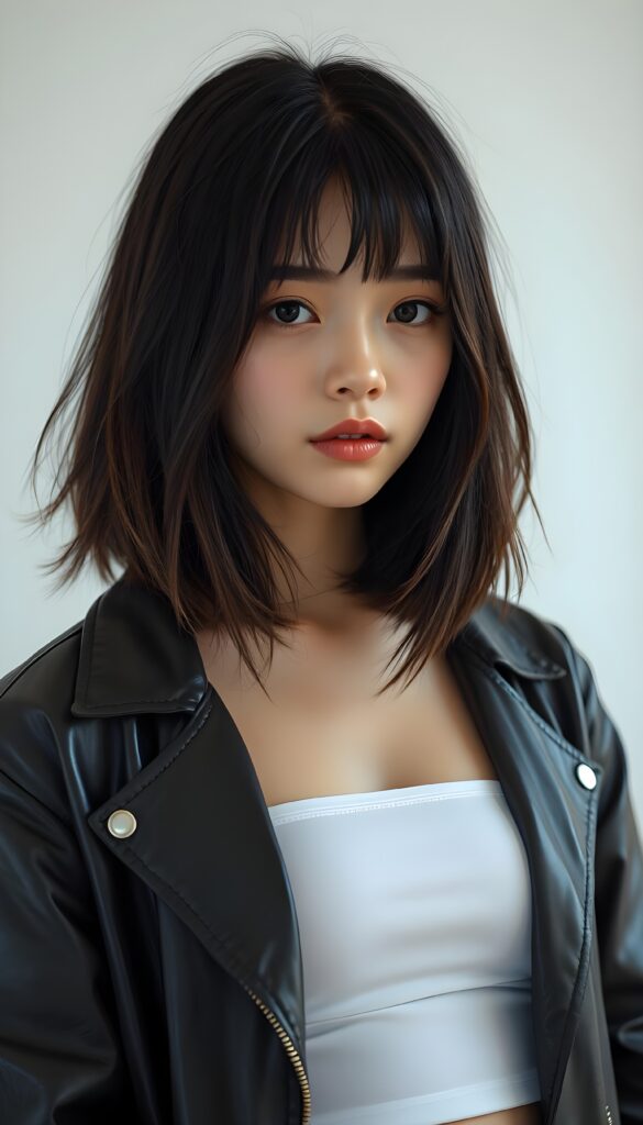 a (((vividly portrait))), capturing a young teen girl with shoulder long, flowing (((straight bob cut hair))), her eyes sparkling and her skin radiant, wearing comfortable clothes, perfect curved body, embodying flawless beauty, full lips, ((angelic round face)) ((super realistic photo)) ((stunning)) ((gorgeous)) ((white background)) ((upper body)) 4k, She is wearing an open leather jacket. Underneath, she has a white tube top.