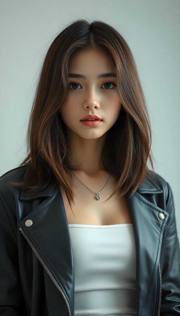 a (((vividly portrait))), capturing a young teen girl with shoulder long, flowing (((straight bob cut hair))), her eyes sparkling and her skin radiant, wearing comfortable clothes, perfect curved body, embodying flawless beauty, full lips, ((angelic round face)) ((super realistic photo)) ((stunning)) ((gorgeous)) ((white background)) ((upper body)) 4k, She is wearing an open leather jacket. Underneath, she has a white tube top.